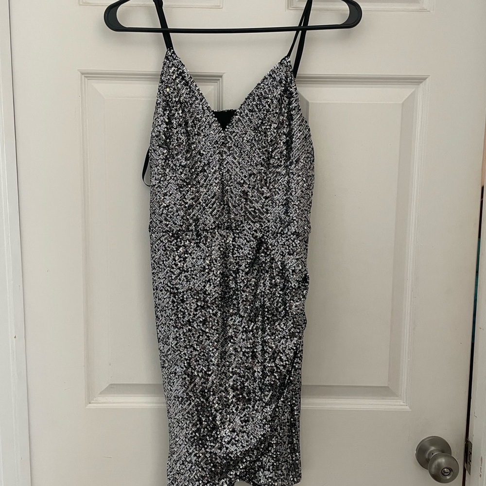 Crystal Sky Black Silver Sequin Asymmetrical Dress | Size L